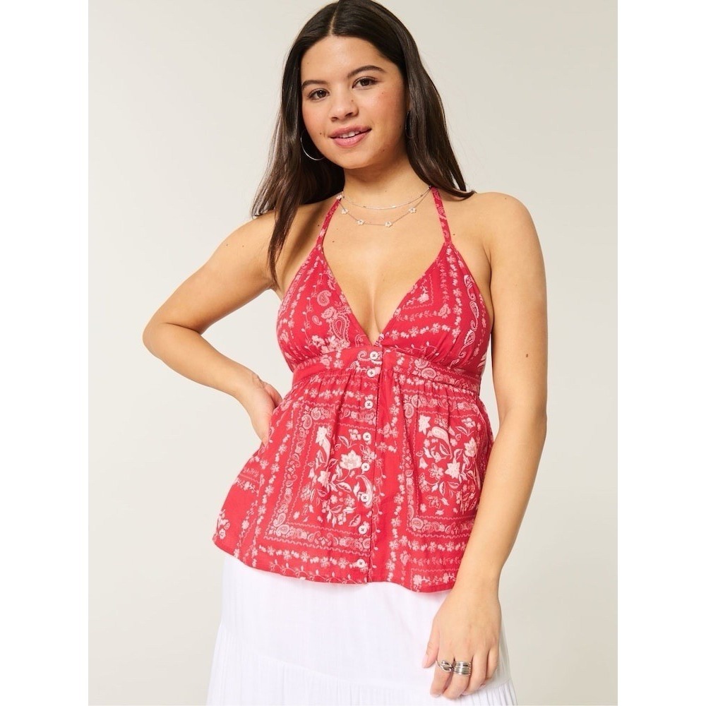 Hollister Red Paisley Halter Top S Boho Coastal Floral Button Front Tank Y2K